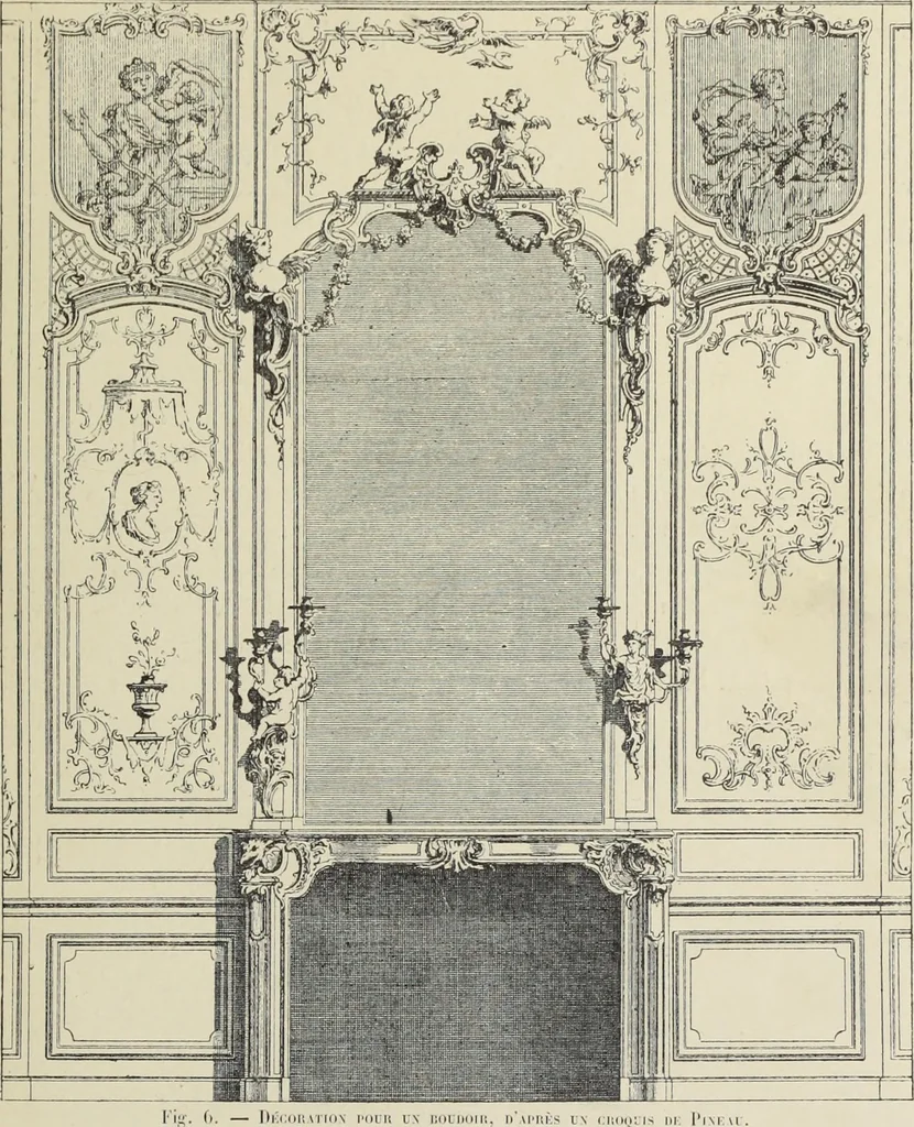 An illustration from Architecture, décoration et ameublement pendant le dix-huitième siècle, Régence - Louis XV. Symétrie et asymétrie proportions légères et courbes capricieuses, 1900, leaf 14