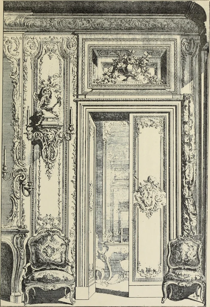 An illustration from Architecture, décoration et ameublement pendant le dix-huitième siècle, Régence - Louis XV. Symétrie et asymétrie proportions légères et courbes capricieuses, 1900, leaf 140