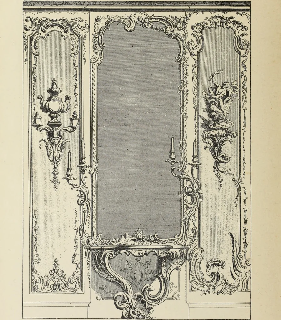 An illustration from Architecture, décoration et ameublement pendant le dix-huitième siècle, Régence - Louis XV. Symétrie et asymétrie proportions légères et courbes capricieuses, 1900, leaf 141