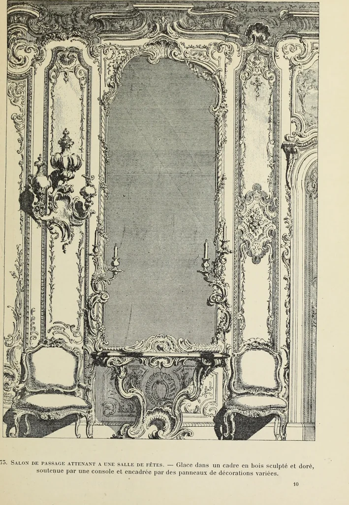 An illustration from Architecture, décoration et ameublement pendant le dix-huitième siècle, Régence - Louis XV. Symétrie et asymétrie proportions légères et courbes capricieuses, 1900, leaf 142