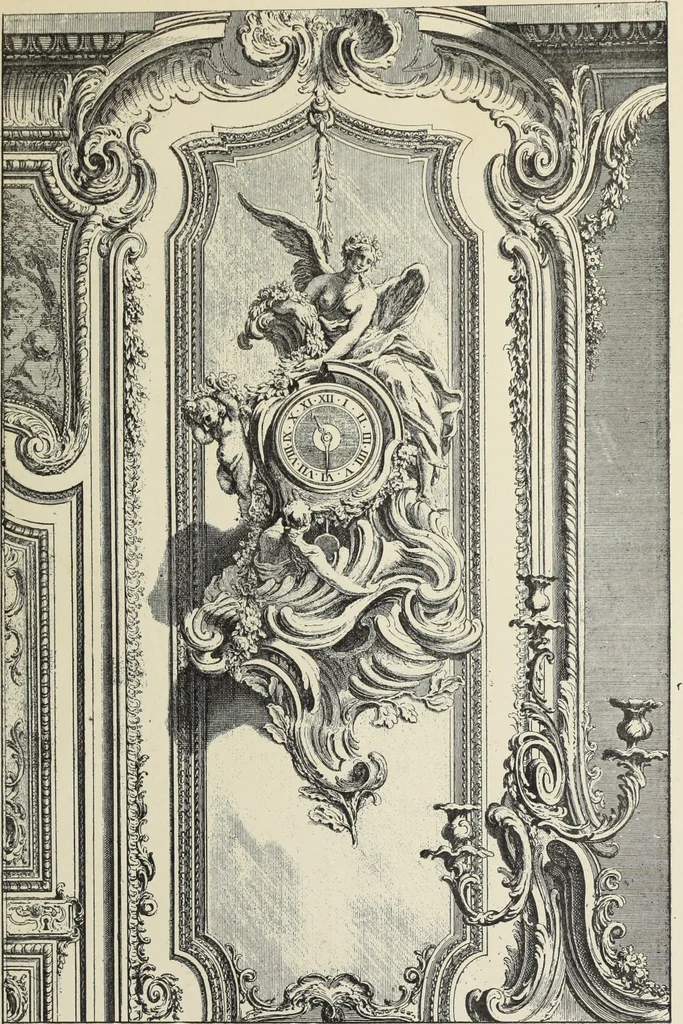 An illustration from Architecture, décoration et ameublement pendant le dix-huitième siècle, Régence - Louis XV. Symétrie et asymétrie proportions légères et courbes capricieuses, 1900, leaf 144