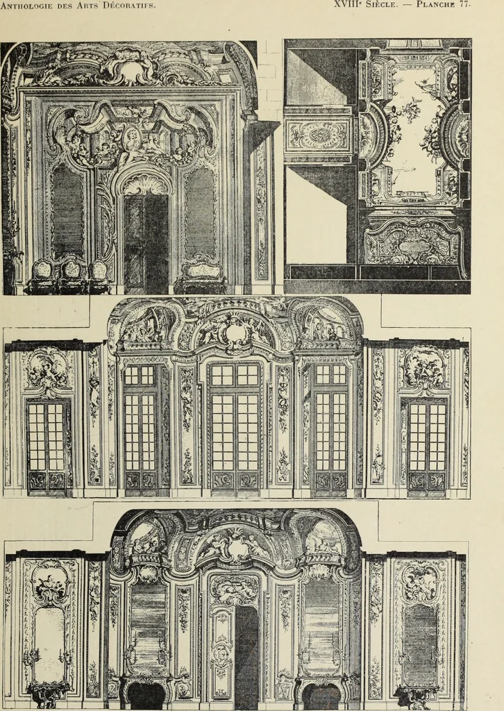 An illustration from Architecture, décoration et ameublement pendant le dix-huitième siècle, Régence - Louis XV. Symétrie et asymétrie proportions légères et courbes capricieuses, 1900, leaf 146