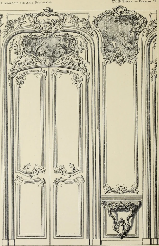 An illustration from Architecture, décoration et ameublement pendant le dix-huitième siècle, Régence - Louis XV. Symétrie et asymétrie proportions légères et courbes capricieuses, 1900, leaf 147