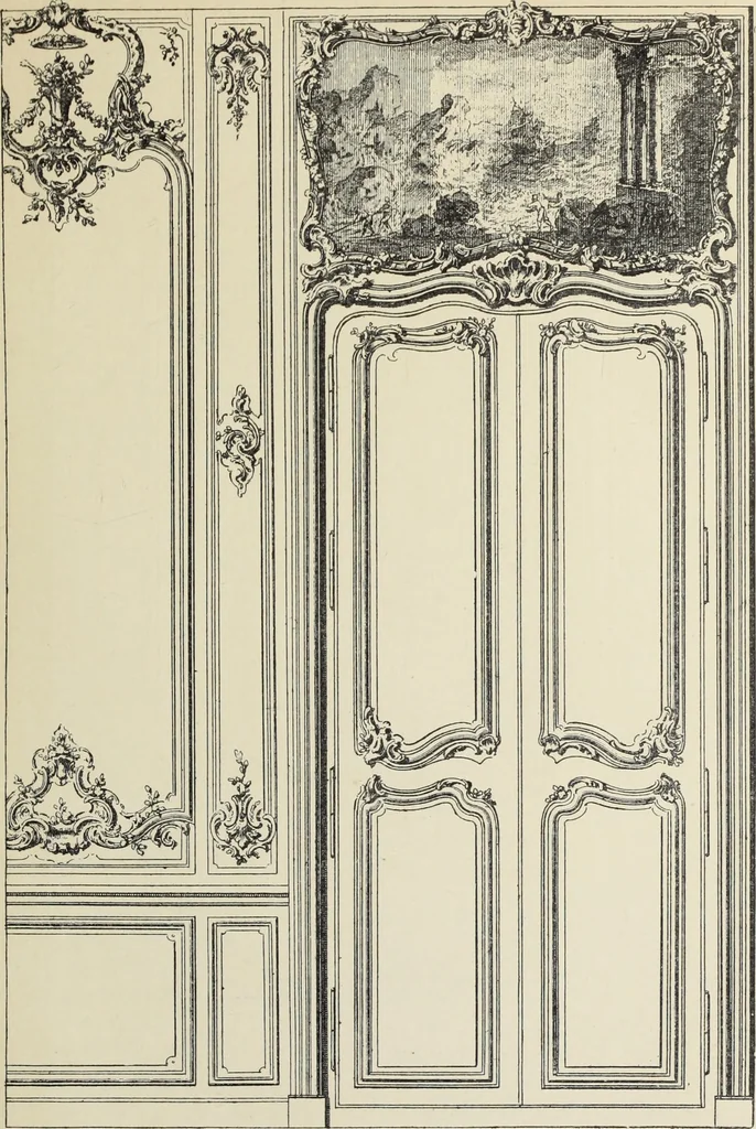 An illustration from Architecture, décoration et ameublement pendant le dix-huitième siècle, Régence - Louis XV. Symétrie et asymétrie proportions légères et courbes capricieuses, 1900, leaf 148