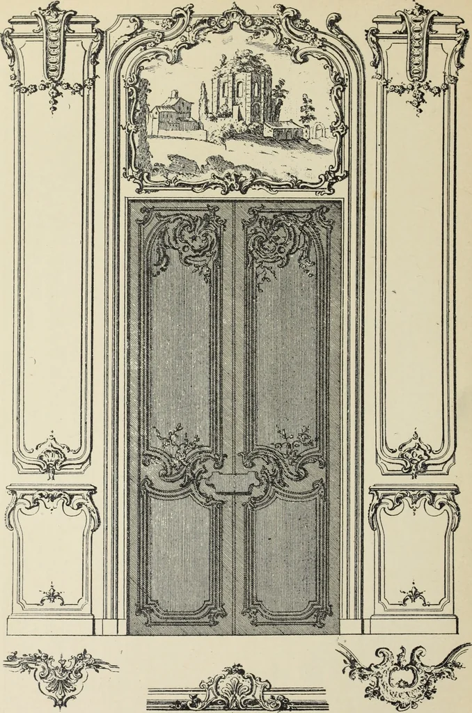 An illustration from Architecture, décoration et ameublement pendant le dix-huitième siècle, Régence - Louis XV. Symétrie et asymétrie proportions légères et courbes capricieuses, 1900, leaf 149