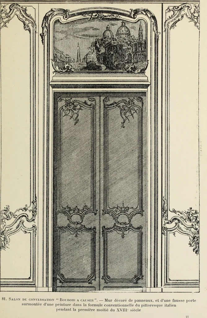 An illustration from Architecture, décoration et ameublement pendant le dix-huitième siècle, Régence - Louis XV. Symétrie et asymétrie proportions légères et courbes capricieuses, 1900, leaf 150
