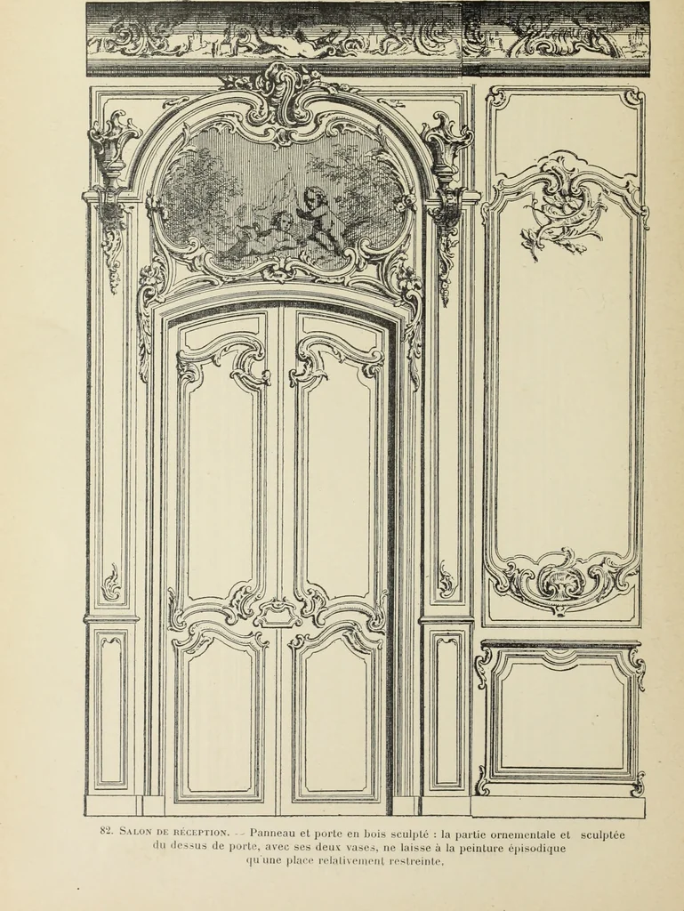 An illustration from Architecture, décoration et ameublement pendant le dix-huitième siècle, Régence - Louis XV. Symétrie et asymétrie proportions légères et courbes capricieuses, 1900, leaf 151
