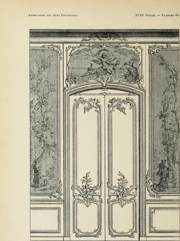 An illustration from Architecture, décoration et ameublement pendant le dix-huitième siècle, Régence - Louis XV. Symétrie et asymétrie proportions légères et courbes capricieuses, 1900, leaf 153