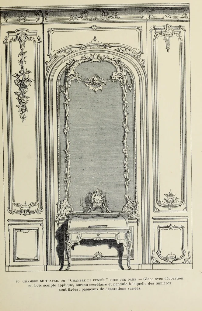 An illustration from Architecture, décoration et ameublement pendant le dix-huitième siècle, Régence - Louis XV. Symétrie et asymétrie proportions légères et courbes capricieuses, 1900, leaf 154