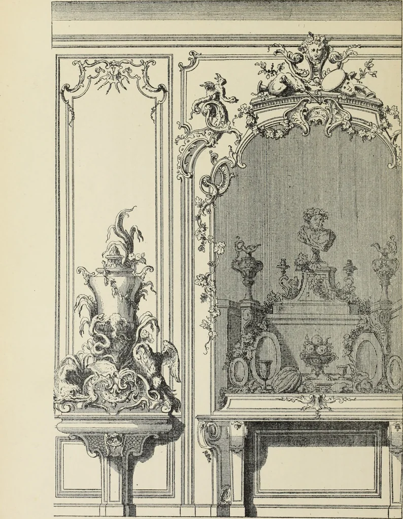 An illustration from Architecture, décoration et ameublement pendant le dix-huitième siècle, Régence - Louis XV. Symétrie et asymétrie proportions légères et courbes capricieuses, 1900, leaf 155