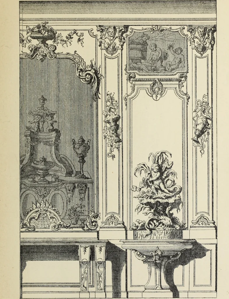 An illustration from Architecture, décoration et ameublement pendant le dix-huitième siècle, Régence - Louis XV. Symétrie et asymétrie proportions légères et courbes capricieuses, 1900, leaf 156