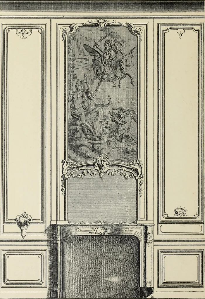 An illustration from Architecture, décoration et ameublement pendant le dix-huitième siècle, Régence - Louis XV. Symétrie et asymétrie proportions légères et courbes capricieuses, 1900, leaf 157