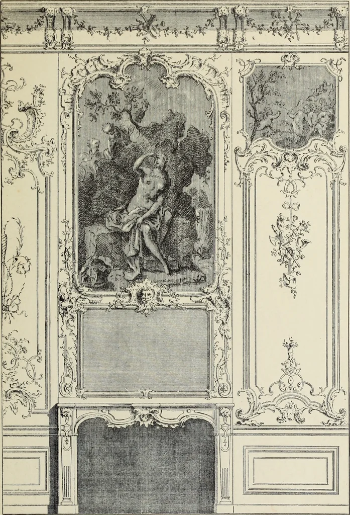 An illustration from Architecture, décoration et ameublement pendant le dix-huitième siècle, Régence - Louis XV. Symétrie et asymétrie proportions légères et courbes capricieuses, 1900, leaf 158