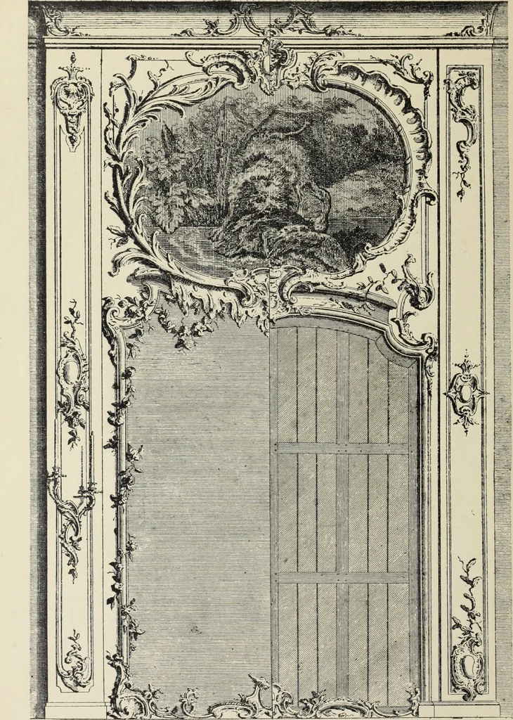 An illustration from Architecture, décoration et ameublement pendant le dix-huitième siècle, Régence - Louis XV. Symétrie et asymétrie proportions légères et courbes capricieuses, 1900, leaf 163