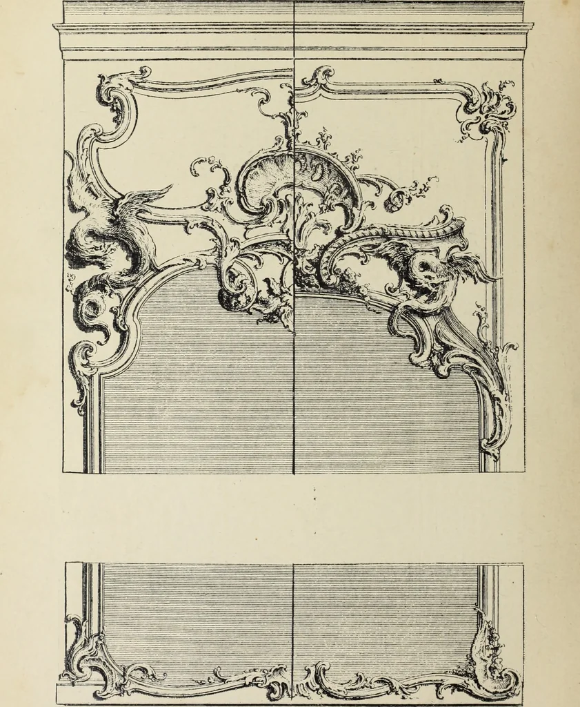 An illustration from Architecture, décoration et ameublement pendant le dix-huitième siècle, Régence - Louis XV. Symétrie et asymétrie proportions légères et courbes capricieuses, 1900, leaf 165