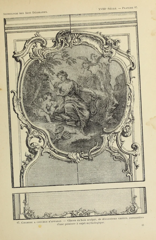 An illustration from Architecture, décoration et ameublement pendant le dix-huitième siècle, Régence - Louis XV. Symétrie et asymétrie proportions légères et courbes capricieuses, 1900, leaf 166