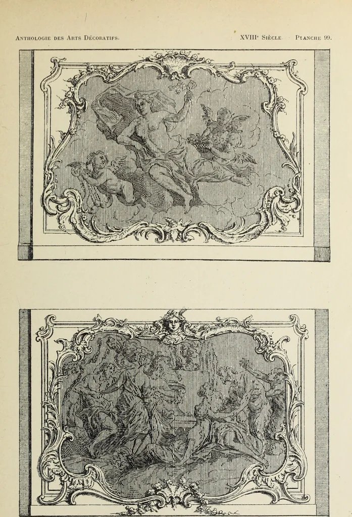 An illustration from Architecture, décoration et ameublement pendant le dix-huitième siècle, Régence - Louis XV. Symétrie et asymétrie proportions légères et courbes capricieuses, 1900, leaf 168