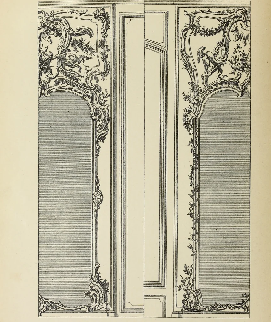 An illustration from Architecture, décoration et ameublement pendant le dix-huitième siècle, Régence - Louis XV. Symétrie et asymétrie proportions légères et courbes capricieuses, 1900, leaf 169