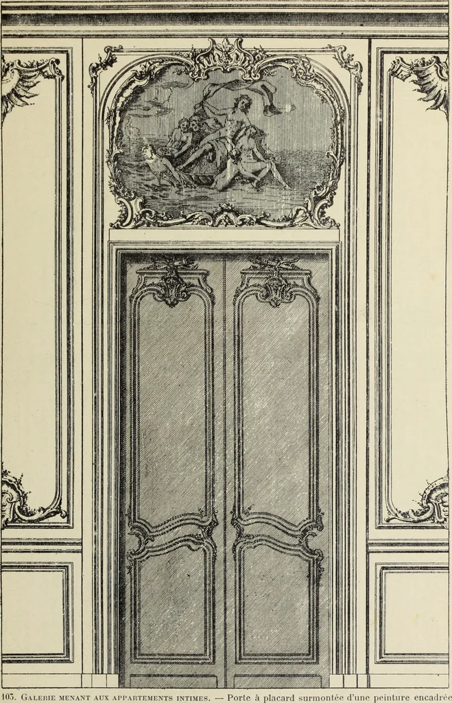 An illustration from Architecture, décoration et ameublement pendant le dix-huitième siècle, Régence - Louis XV. Symétrie et asymétrie proportions légères et courbes capricieuses, 1900, leaf 172