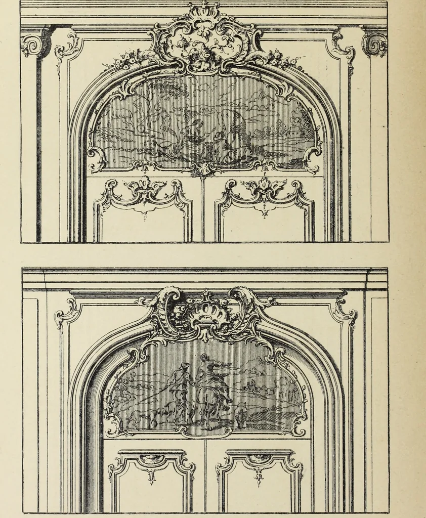 An illustration from Architecture, décoration et ameublement pendant le dix-huitième siècle, Régence - Louis XV. Symétrie et asymétrie proportions légères et courbes capricieuses, 1900, leaf 173