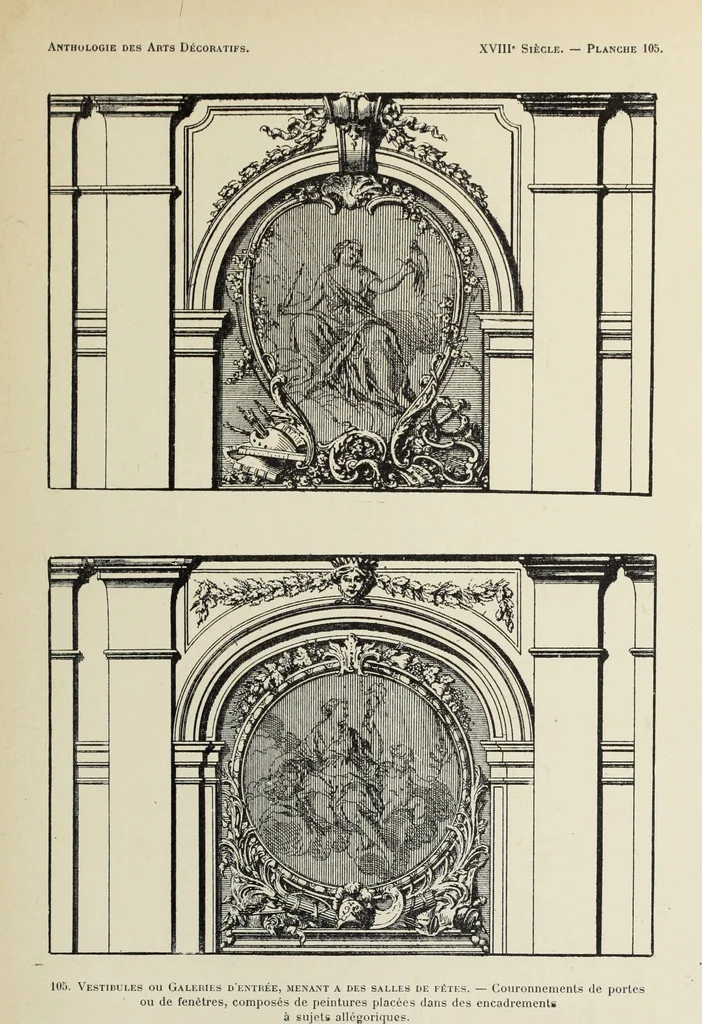 An illustration from Architecture, décoration et ameublement pendant le dix-huitième siècle, Régence - Louis XV. Symétrie et asymétrie proportions légères et courbes capricieuses, 1900, leaf 174