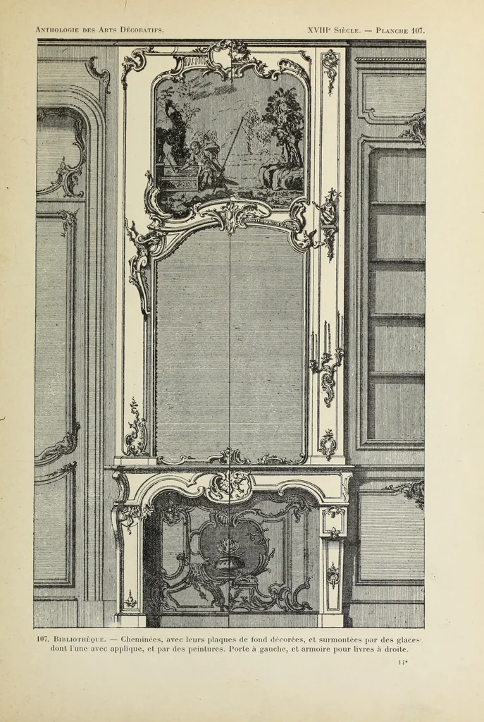 An illustration from Architecture, décoration et ameublement pendant le dix-huitième siècle, Régence - Louis XV. Symétrie et asymétrie proportions légères et courbes capricieuses, 1900, leaf 176