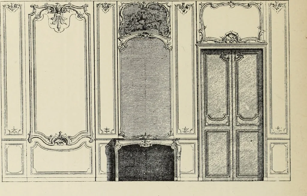 An illustration from Architecture, décoration et ameublement pendant le dix-huitième siècle, Régence - Louis XV. Symétrie et asymétrie proportions légères et courbes capricieuses, 1900, leaf 177