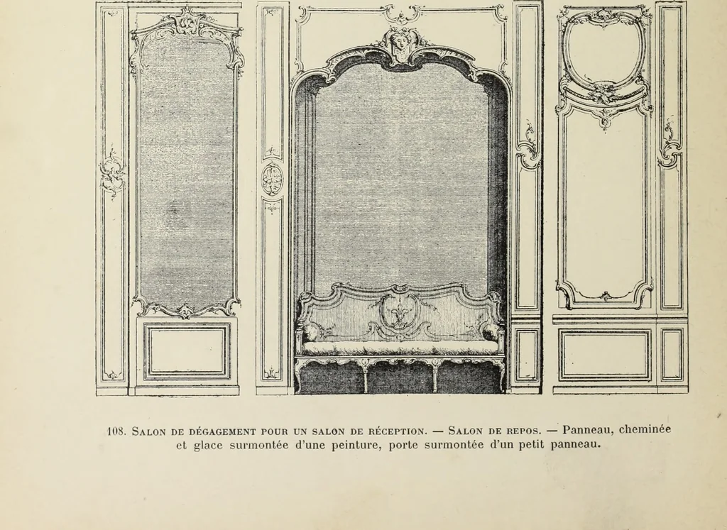 An illustration from Architecture, décoration et ameublement pendant le dix-huitième siècle, Régence - Louis XV. Symétrie et asymétrie proportions légères et courbes capricieuses, 1900, leaf 177