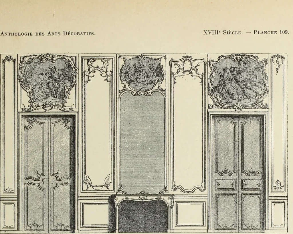 An illustration from Architecture, décoration et ameublement pendant le dix-huitième siècle, Régence - Louis XV. Symétrie et asymétrie proportions légères et courbes capricieuses, 1900, leaf 178