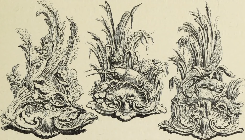 An illustration from Architecture, décoration et ameublement pendant le dix-huitième siècle, Régence - Louis XV. Symétrie et asymétrie proportions légères et courbes capricieuses, 1900, leaf 18