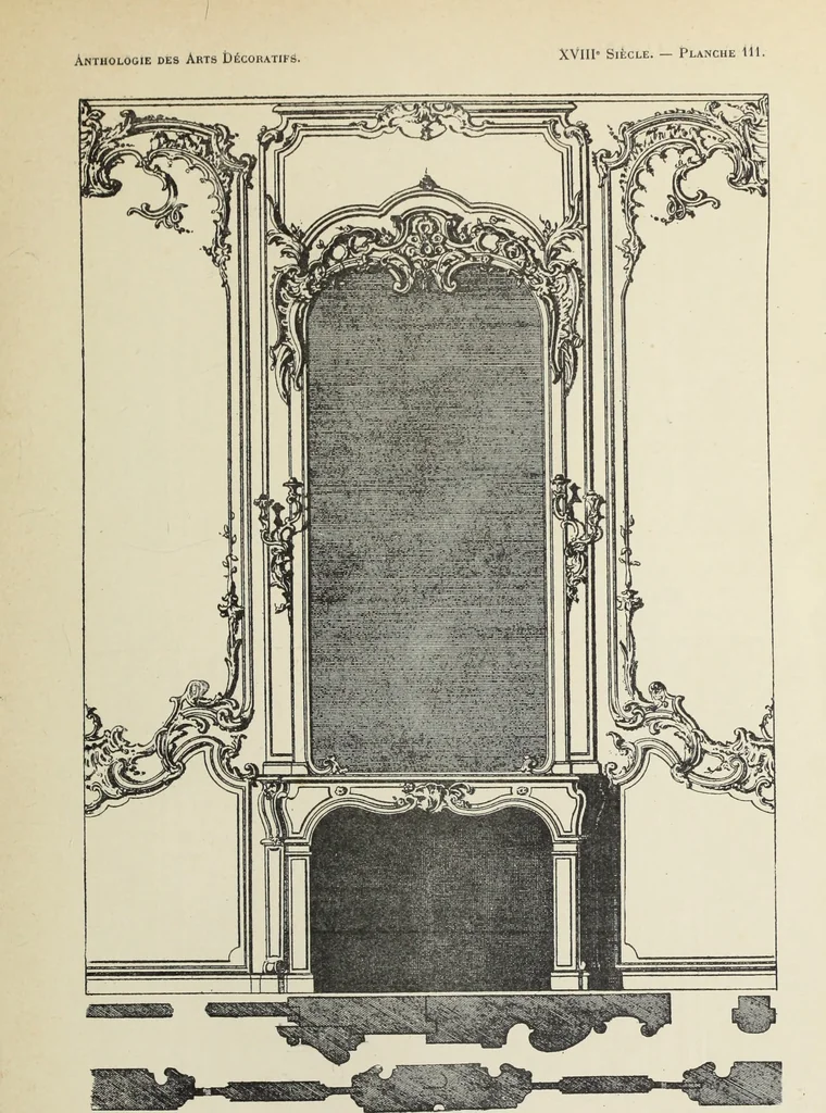 An illustration from Architecture, décoration et ameublement pendant le dix-huitième siècle, Régence - Louis XV. Symétrie et asymétrie proportions légères et courbes capricieuses, 1900, leaf 180