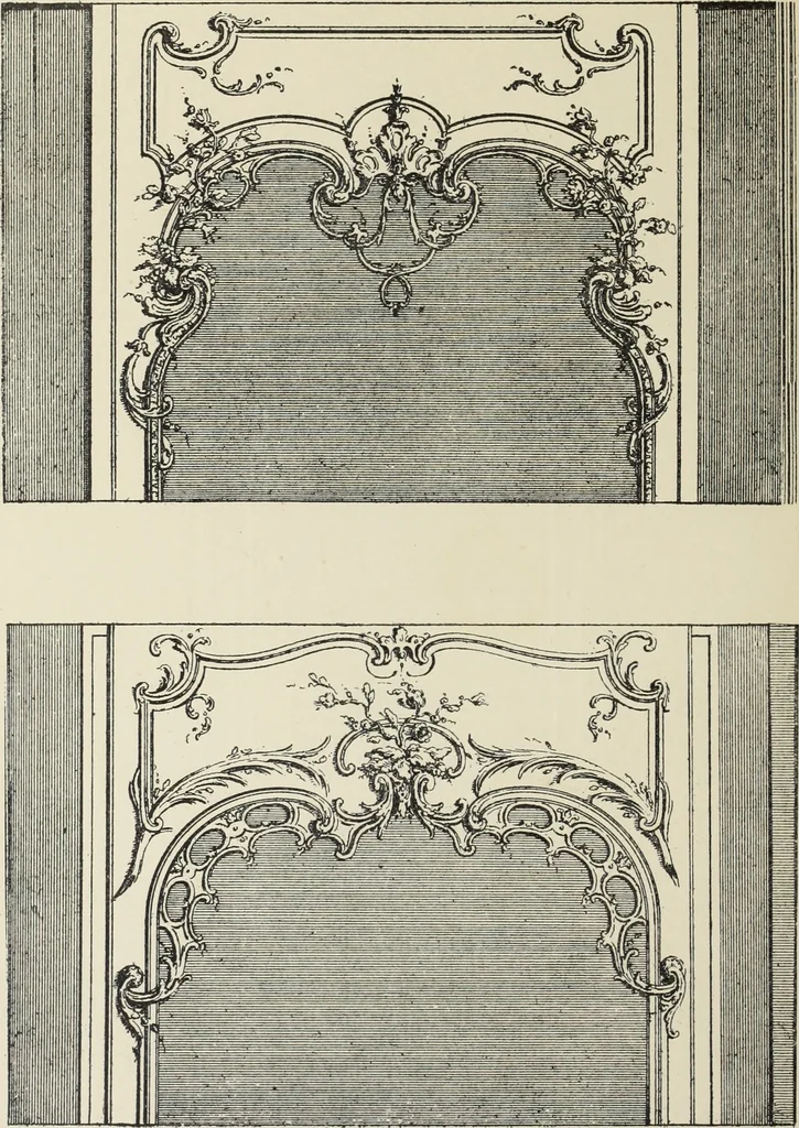 An illustration from Architecture, décoration et ameublement pendant le dix-huitième siècle, Régence - Louis XV. Symétrie et asymétrie proportions légères et courbes capricieuses, 1900, leaf 181