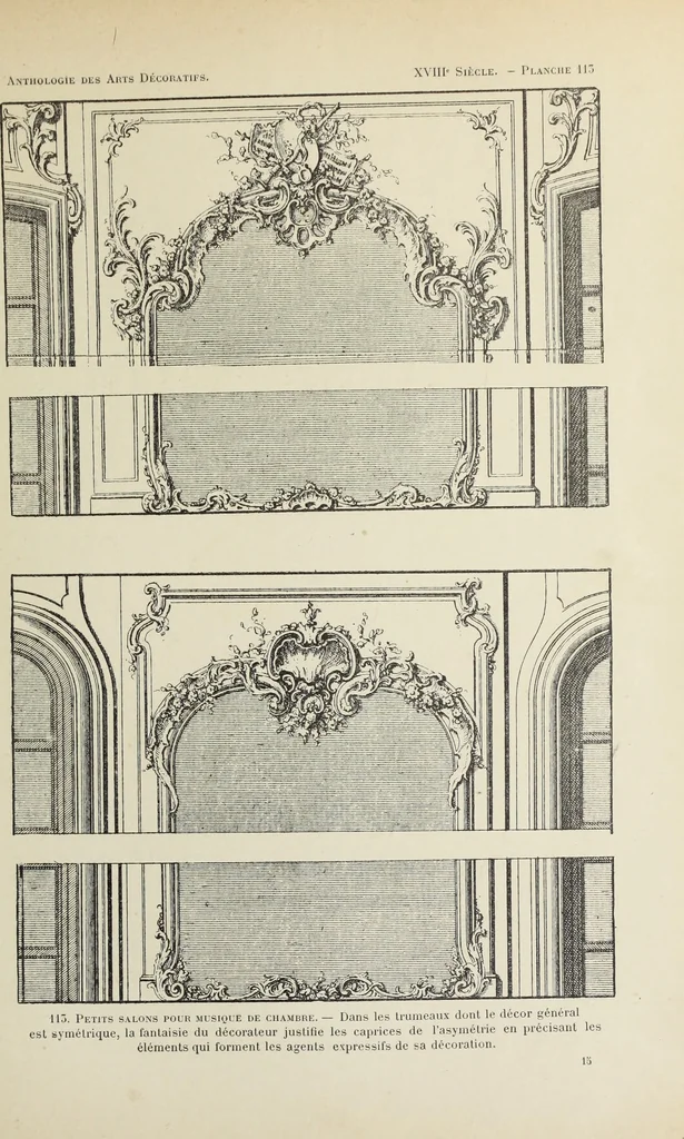 An illustration from Architecture, décoration et ameublement pendant le dix-huitième siècle, Régence - Louis XV. Symétrie et asymétrie proportions légères et courbes capricieuses, 1900, leaf 182