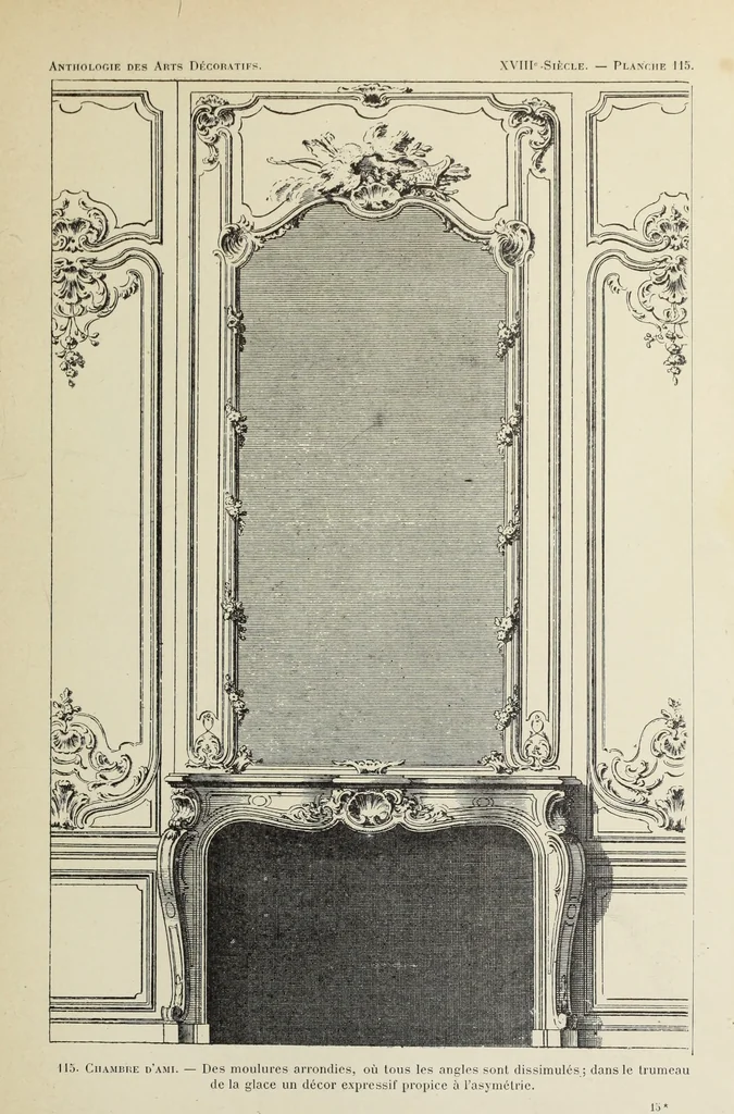 An illustration from Architecture, décoration et ameublement pendant le dix-huitième siècle, Régence - Louis XV. Symétrie et asymétrie proportions légères et courbes capricieuses, 1900, leaf 184