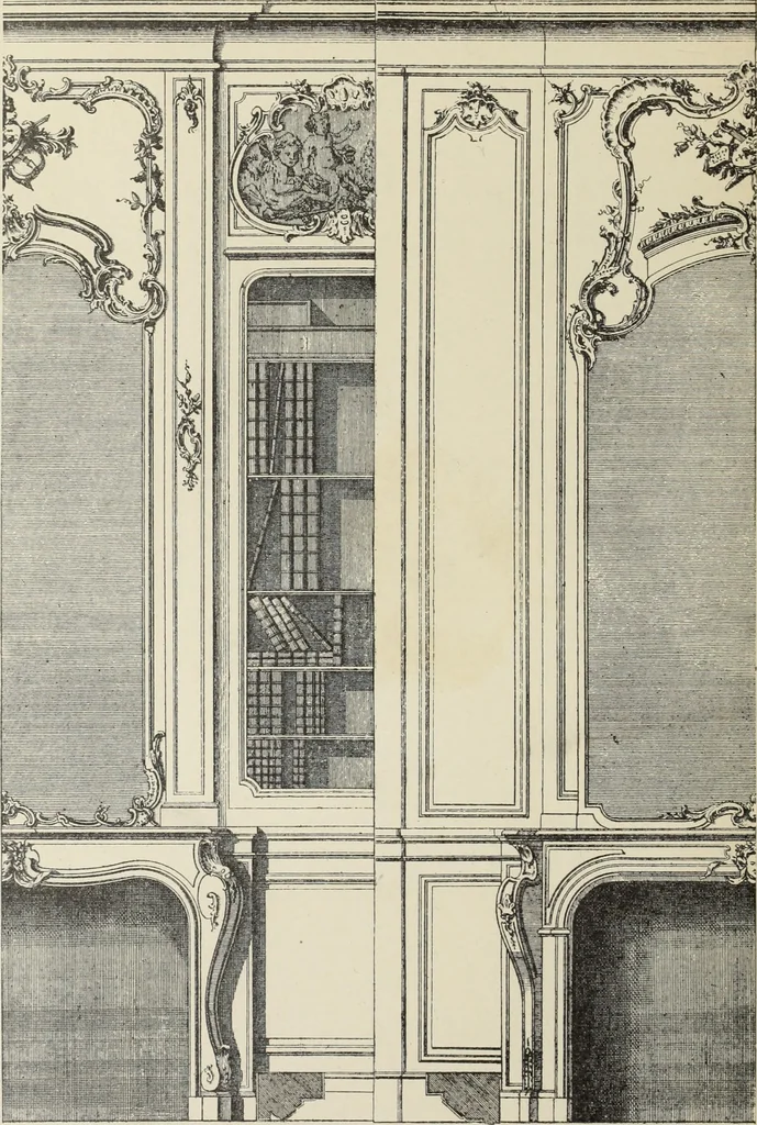 An illustration from Architecture, décoration et ameublement pendant le dix-huitième siècle, Régence - Louis XV. Symétrie et asymétrie proportions légères et courbes capricieuses, 1900, leaf 185