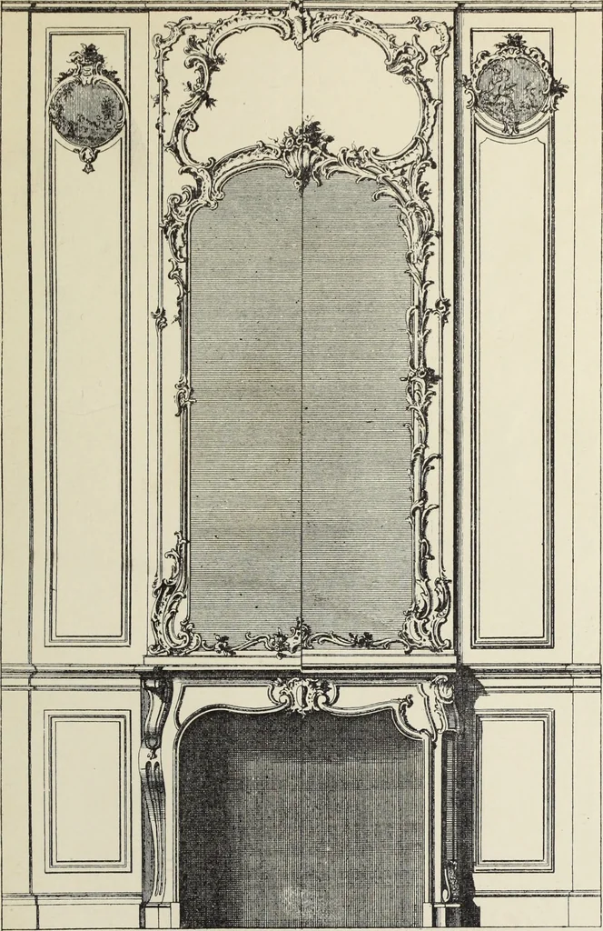An illustration from Architecture, décoration et ameublement pendant le dix-huitième siècle, Régence - Louis XV. Symétrie et asymétrie proportions légères et courbes capricieuses, 1900, leaf 186