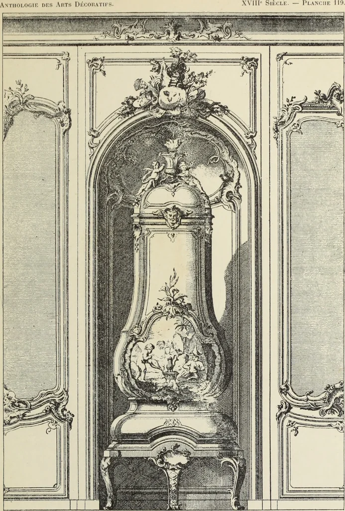 An illustration from Architecture, décoration et ameublement pendant le dix-huitième siècle, Régence - Louis XV. Symétrie et asymétrie proportions légères et courbes capricieuses, 1900, leaf 188