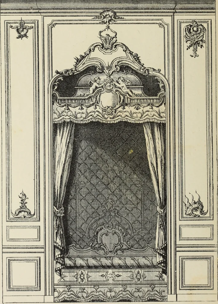 An illustration from Architecture, décoration et ameublement pendant le dix-huitième siècle, Régence - Louis XV. Symétrie et asymétrie proportions légères et courbes capricieuses, 1900, leaf 189