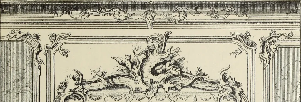 An illustration from Architecture, décoration et ameublement pendant le dix-huitième siècle, Régence - Louis XV. Symétrie et asymétrie proportions légères et courbes capricieuses, 1900, leaf 190