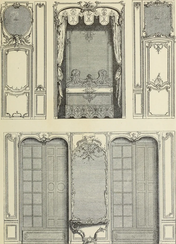 An illustration from Architecture, décoration et ameublement pendant le dix-huitième siècle, Régence - Louis XV. Symétrie et asymétrie proportions légères et courbes capricieuses, 1900, leaf 192