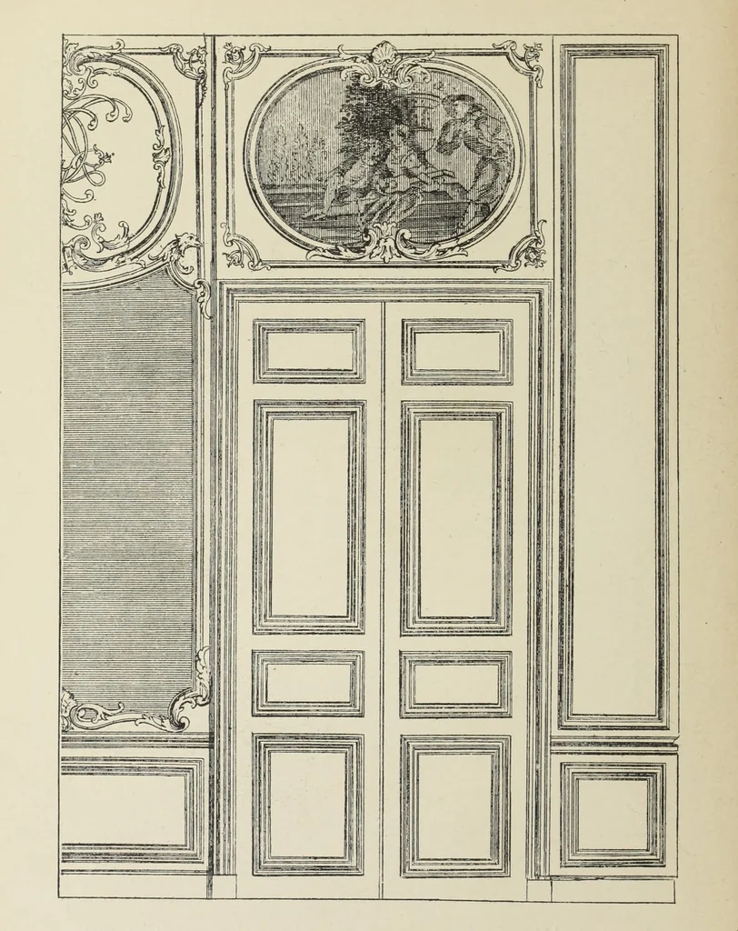 An illustration from Architecture, décoration et ameublement pendant le dix-huitième siècle, Régence - Louis XV. Symétrie et asymétrie proportions légères et courbes capricieuses, 1900, leaf 193