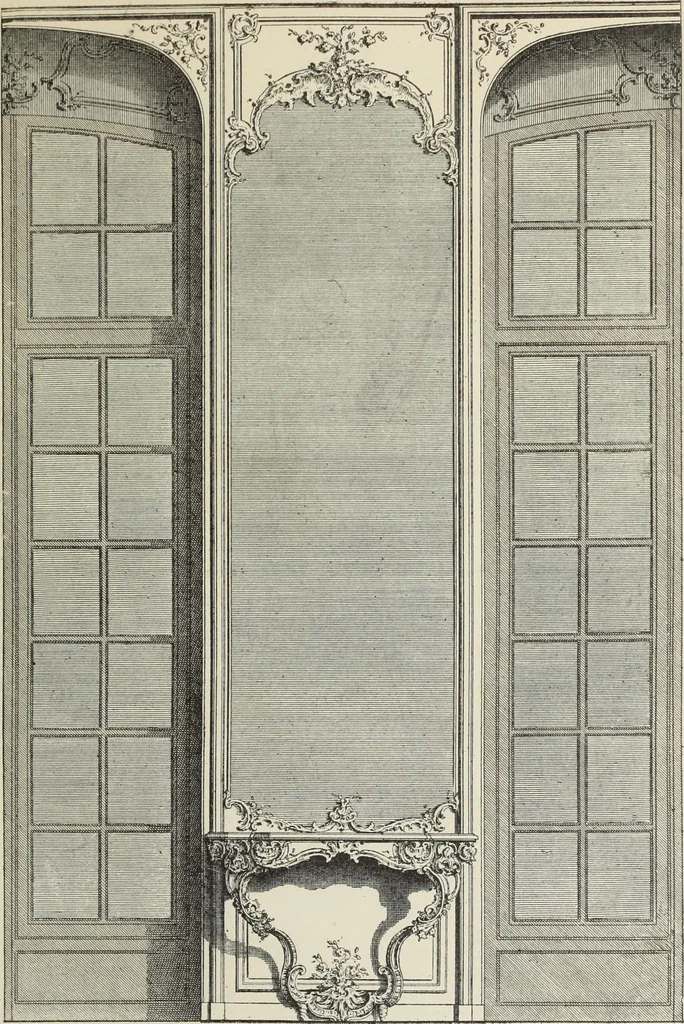 An illustration from Architecture, décoration et ameublement pendant le dix-huitième siècle, Régence - Louis XV. Symétrie et asymétrie proportions légères et courbes capricieuses, 1900, leaf 194