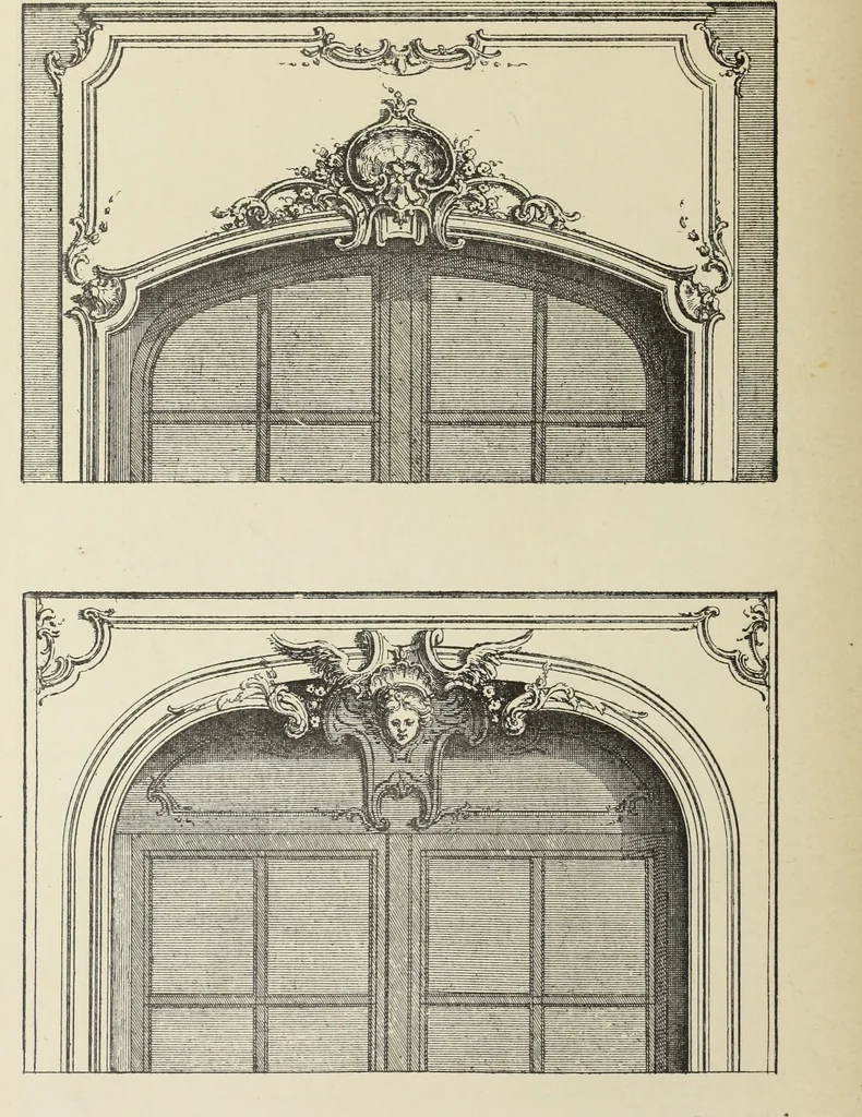 An illustration from Architecture, décoration et ameublement pendant le dix-huitième siècle, Régence - Louis XV. Symétrie et asymétrie proportions légères et courbes capricieuses, 1900, leaf 195