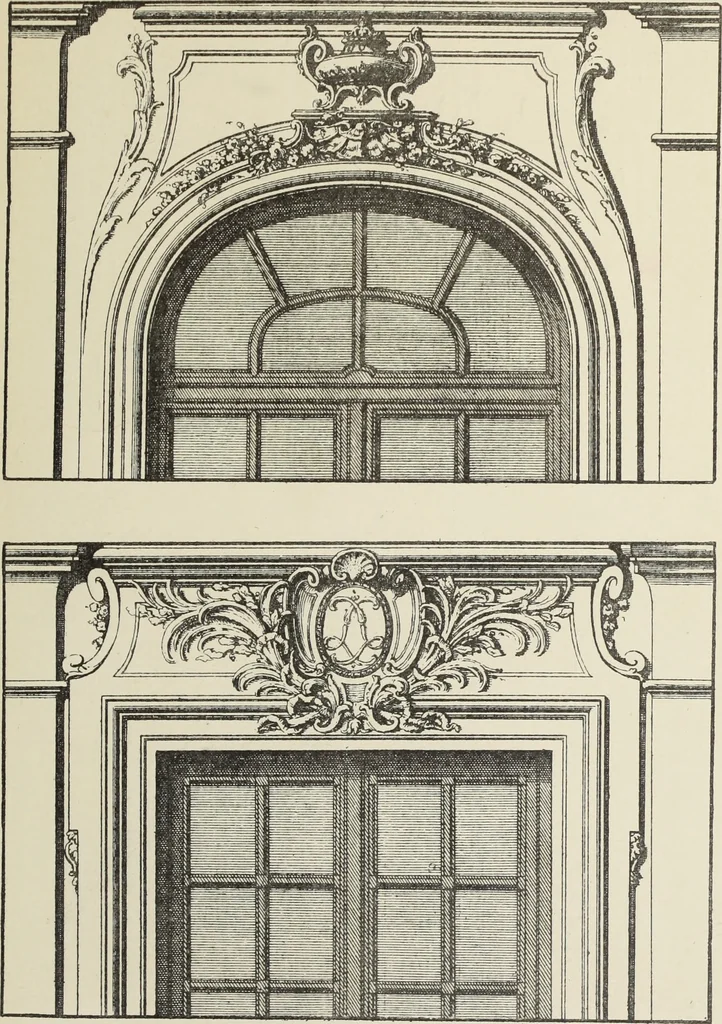 An illustration from Architecture, décoration et ameublement pendant le dix-huitième siècle, Régence - Louis XV. Symétrie et asymétrie proportions légères et courbes capricieuses, 1900, leaf 196