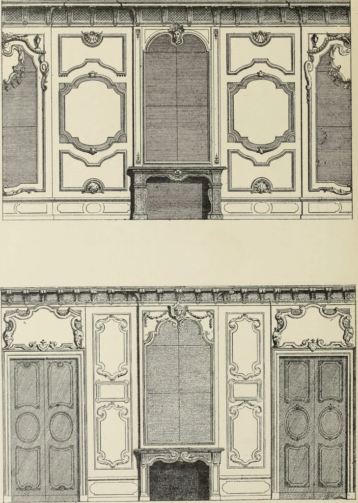 An illustration from Architecture, décoration et ameublement pendant le dix-huitième siècle, Régence - Louis XV. Symétrie et asymétrie proportions légères et courbes capricieuses, 1900, leaf 197