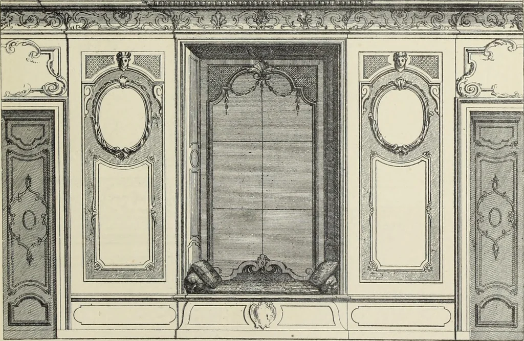 An illustration from Architecture, décoration et ameublement pendant le dix-huitième siècle, Régence - Louis XV. Symétrie et asymétrie proportions légères et courbes capricieuses, 1900, leaf 198