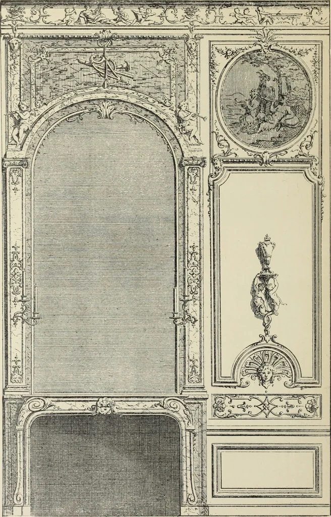 An illustration from Architecture, décoration et ameublement pendant le dix-huitième siècle, Régence - Louis XV. Symétrie et asymétrie proportions légères et courbes capricieuses, 1900, leaf 199