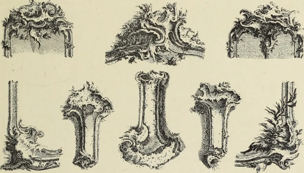 An illustration from Architecture, décoration et ameublement pendant le dix-huitième siècle, Régence - Louis XV. Symétrie et asymétrie proportions légères et courbes capricieuses, 1900, leaf 20