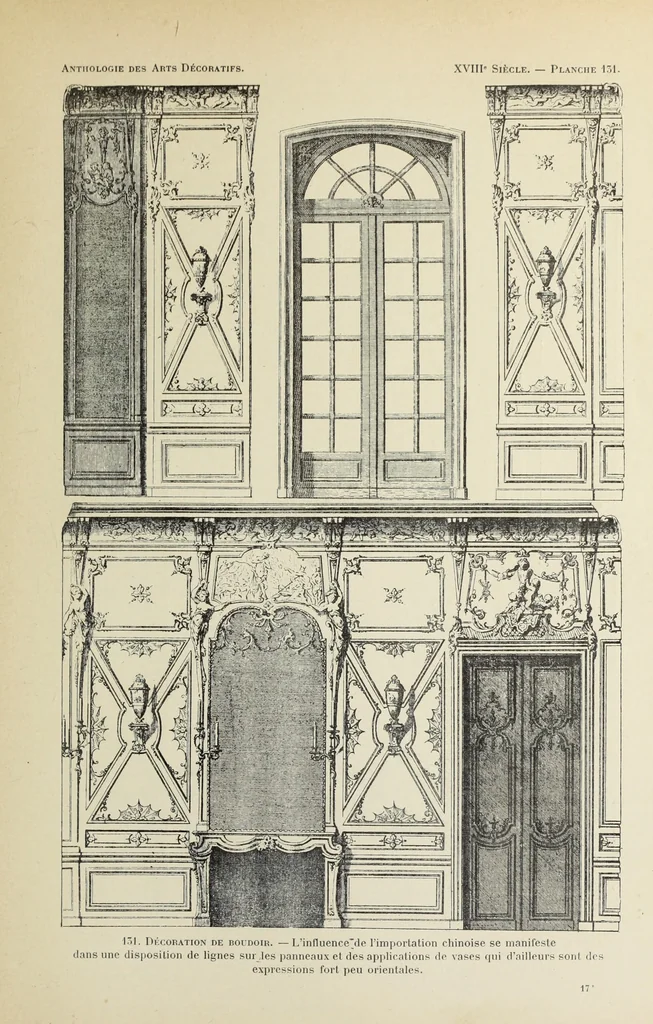 An illustration from Architecture, décoration et ameublement pendant le dix-huitième siècle, Régence - Louis XV. Symétrie et asymétrie proportions légères et courbes capricieuses, 1900, leaf 200