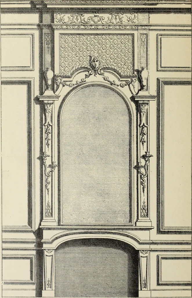 An illustration from Architecture, décoration et ameublement pendant le dix-huitième siècle, Régence - Louis XV. Symétrie et asymétrie proportions légères et courbes capricieuses, 1900, leaf 201